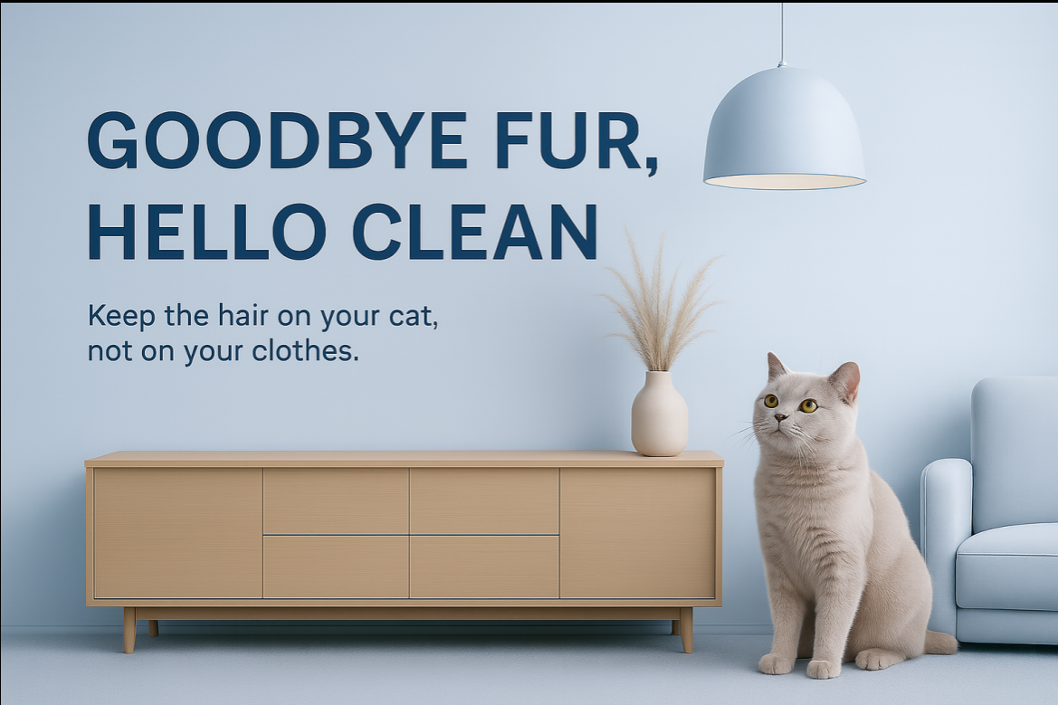 Cat sitting in a living room with a text overlay about pet hair control.